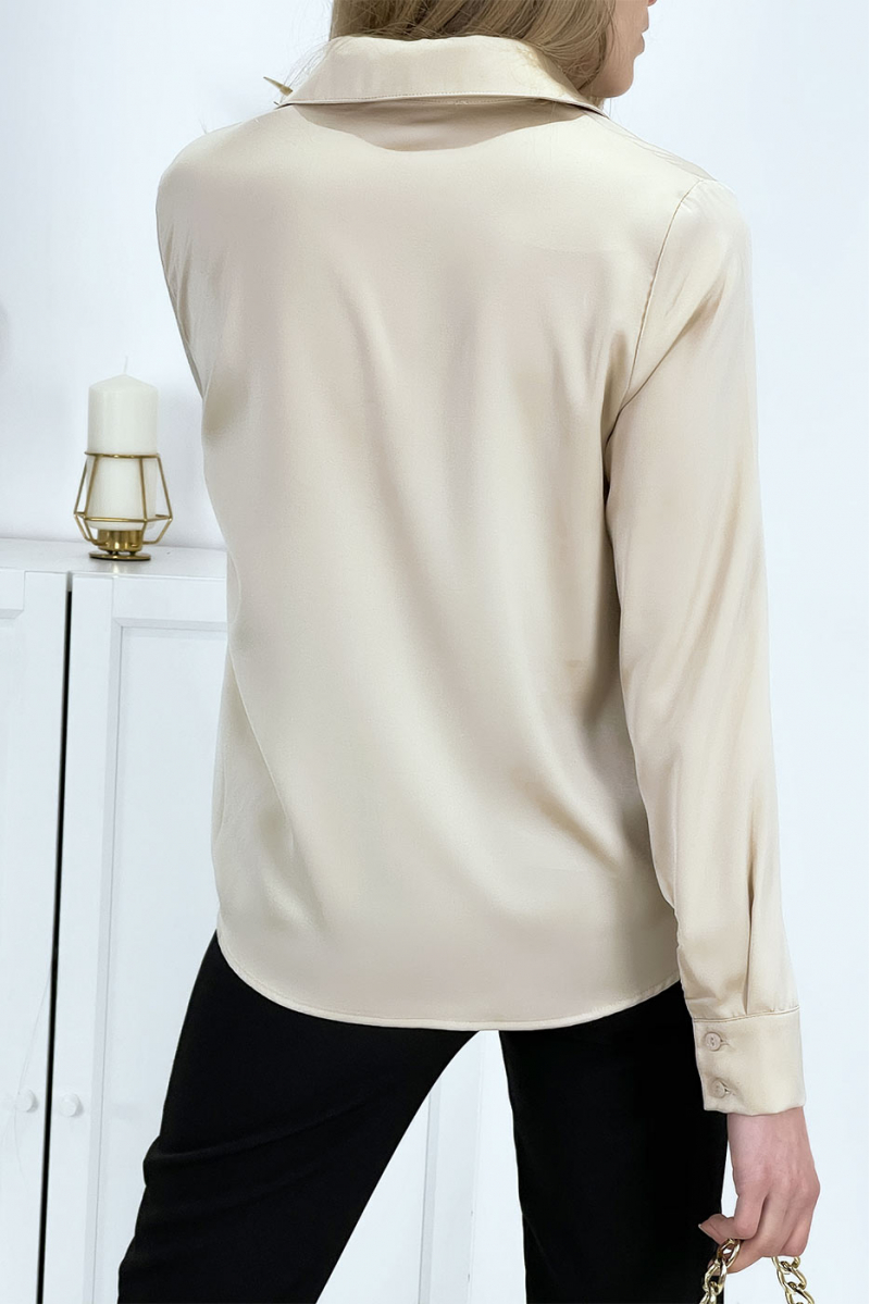 Women's beige satin shirt with pockets - 11