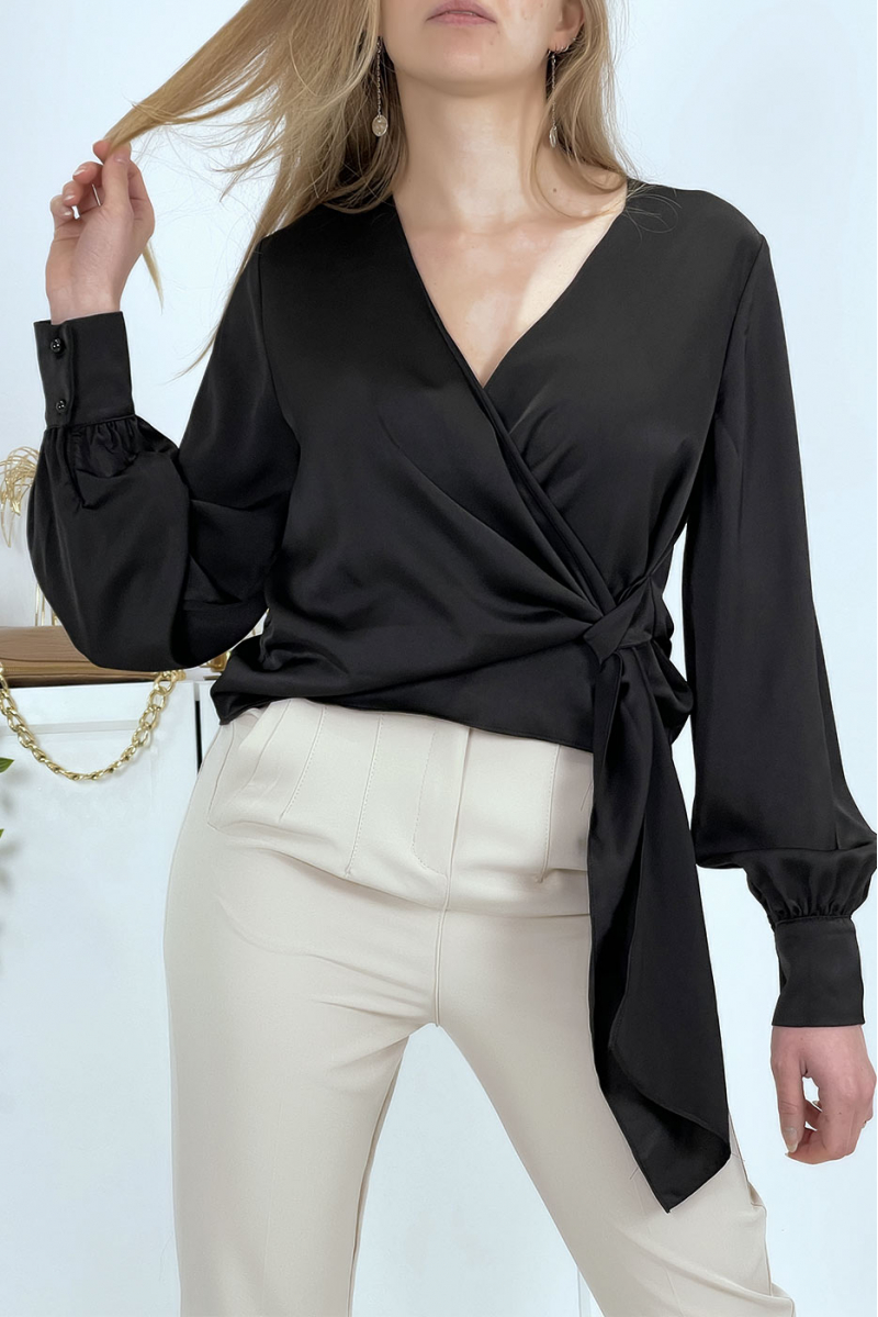 Black satin wrap blouse - 4