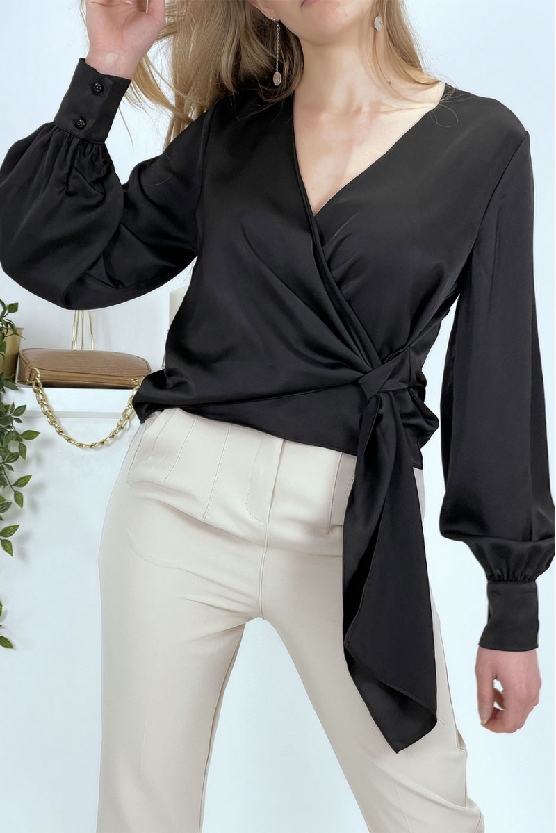 Black satin wrap blouse - 1
