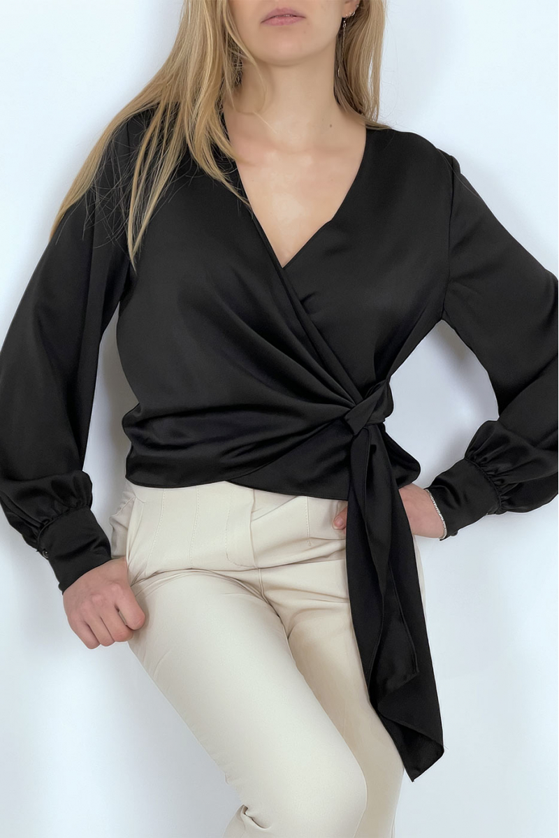Black satin wrap blouse - 3