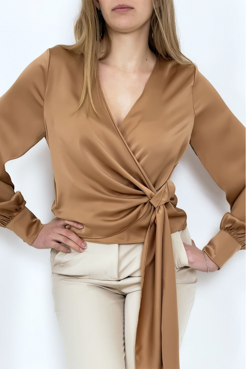 Satiny camel wrap blouse - 4