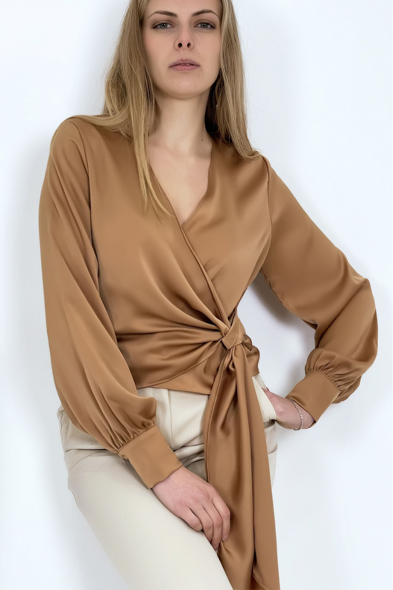 Satiny camel wrap blouse - 5