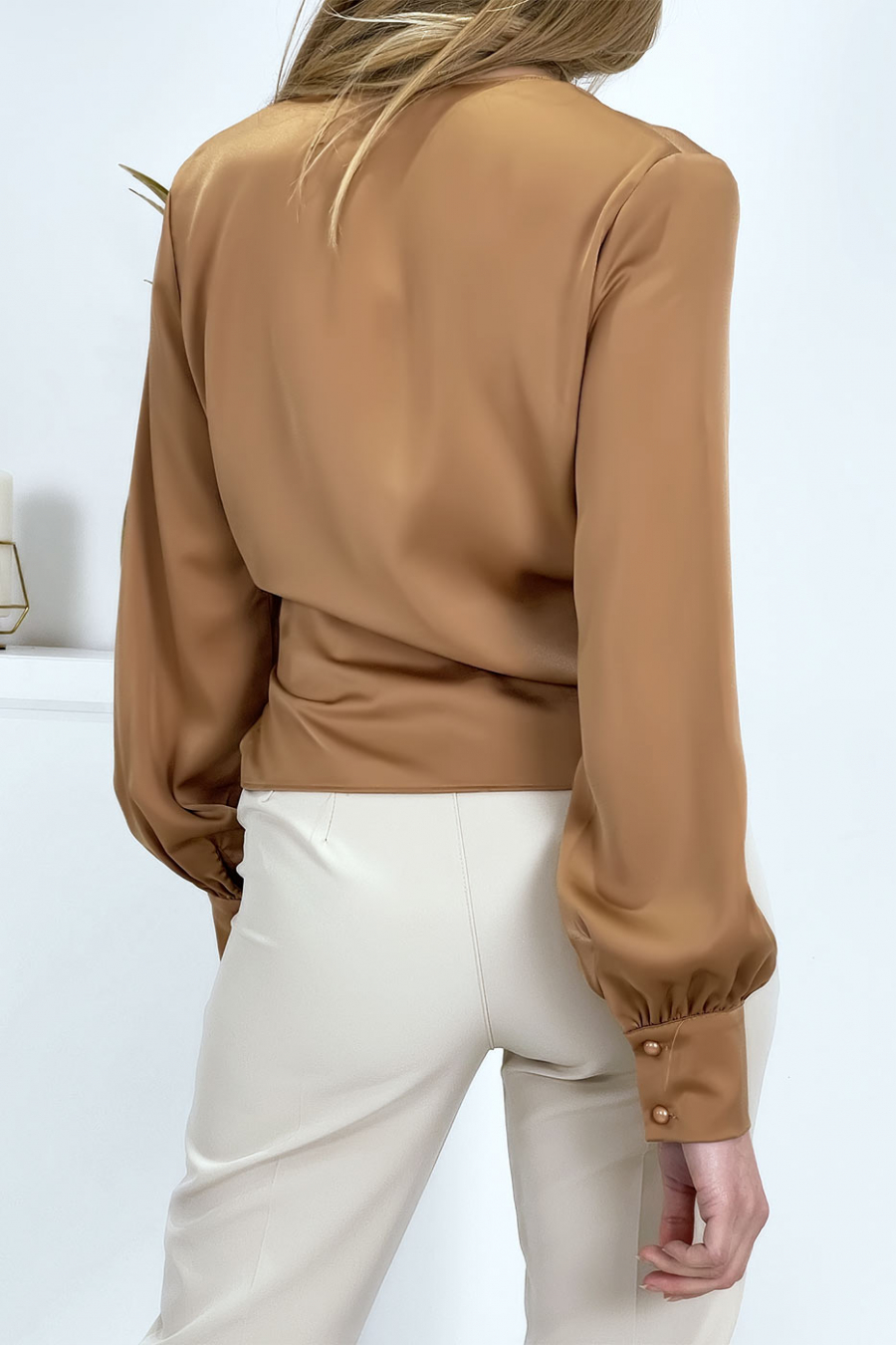 Blouse cache coeur camel satinée - 6