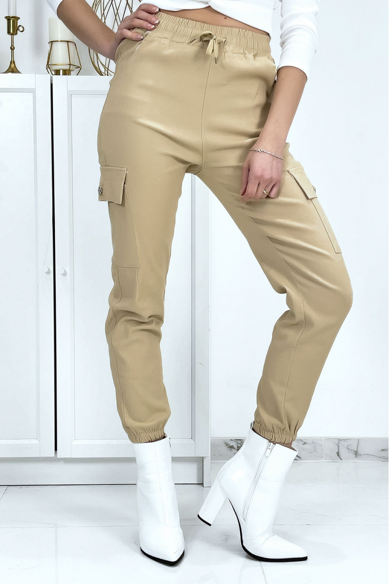 Beige trellis trousers in stretch with pockets - 4