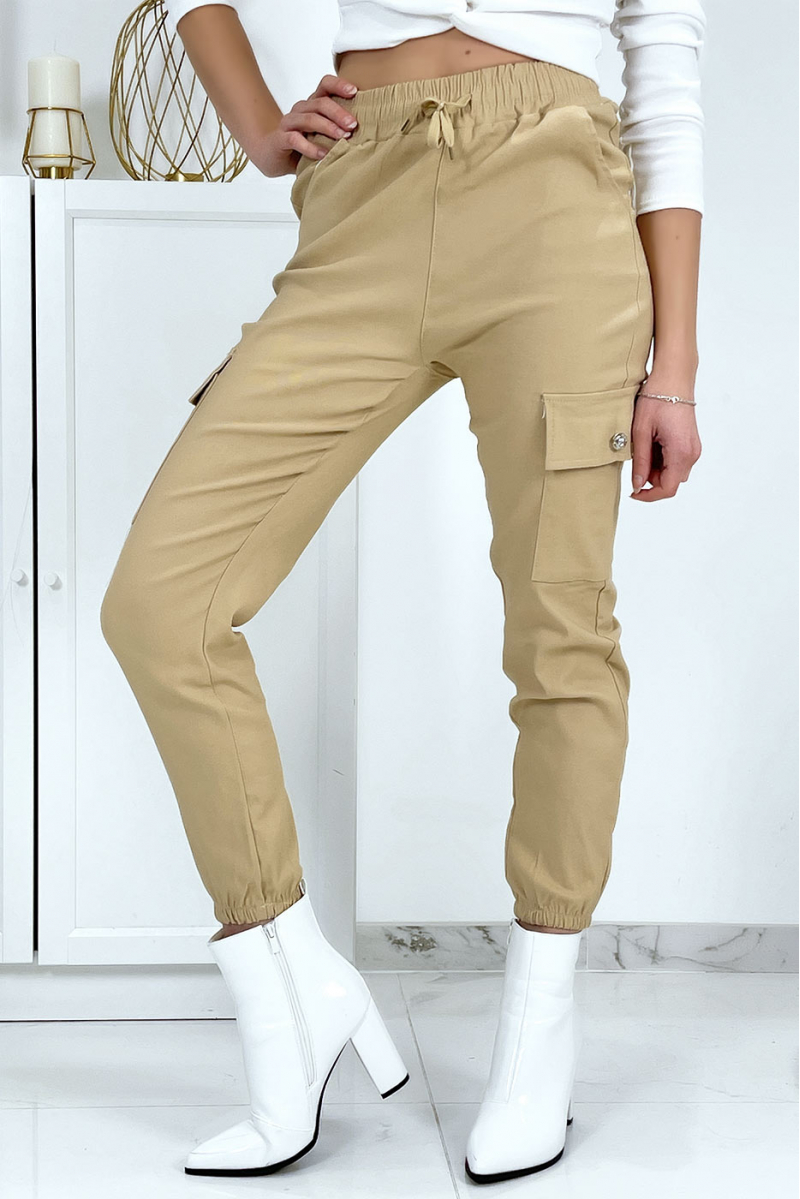 Beige trellis trousers in stretch with pockets - 5