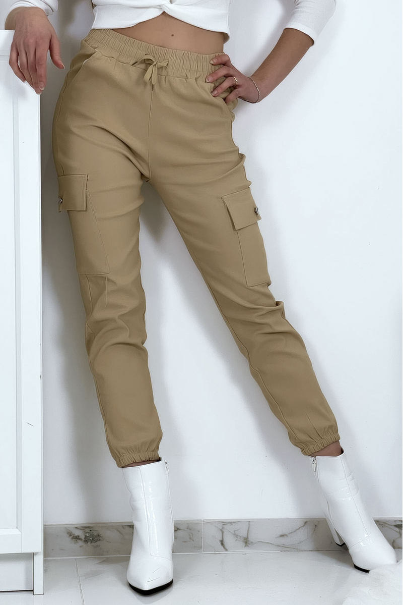 Beige trellis trousers in stretch with pockets - 8