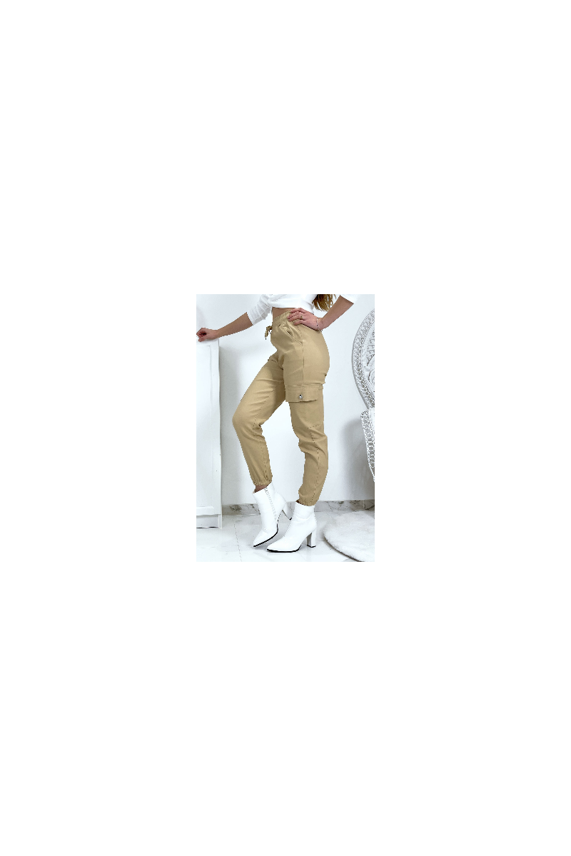 Pantalon treillis beige en strech avec poches - 11