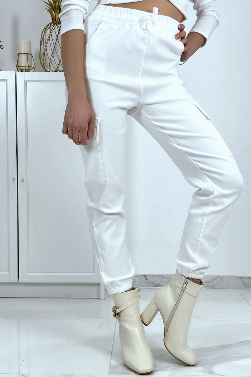 Pantalon treillis blanc en strech avec poches - 4