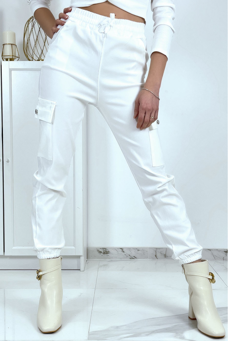 Pantalon treillis blanc en strech avec poches - 5