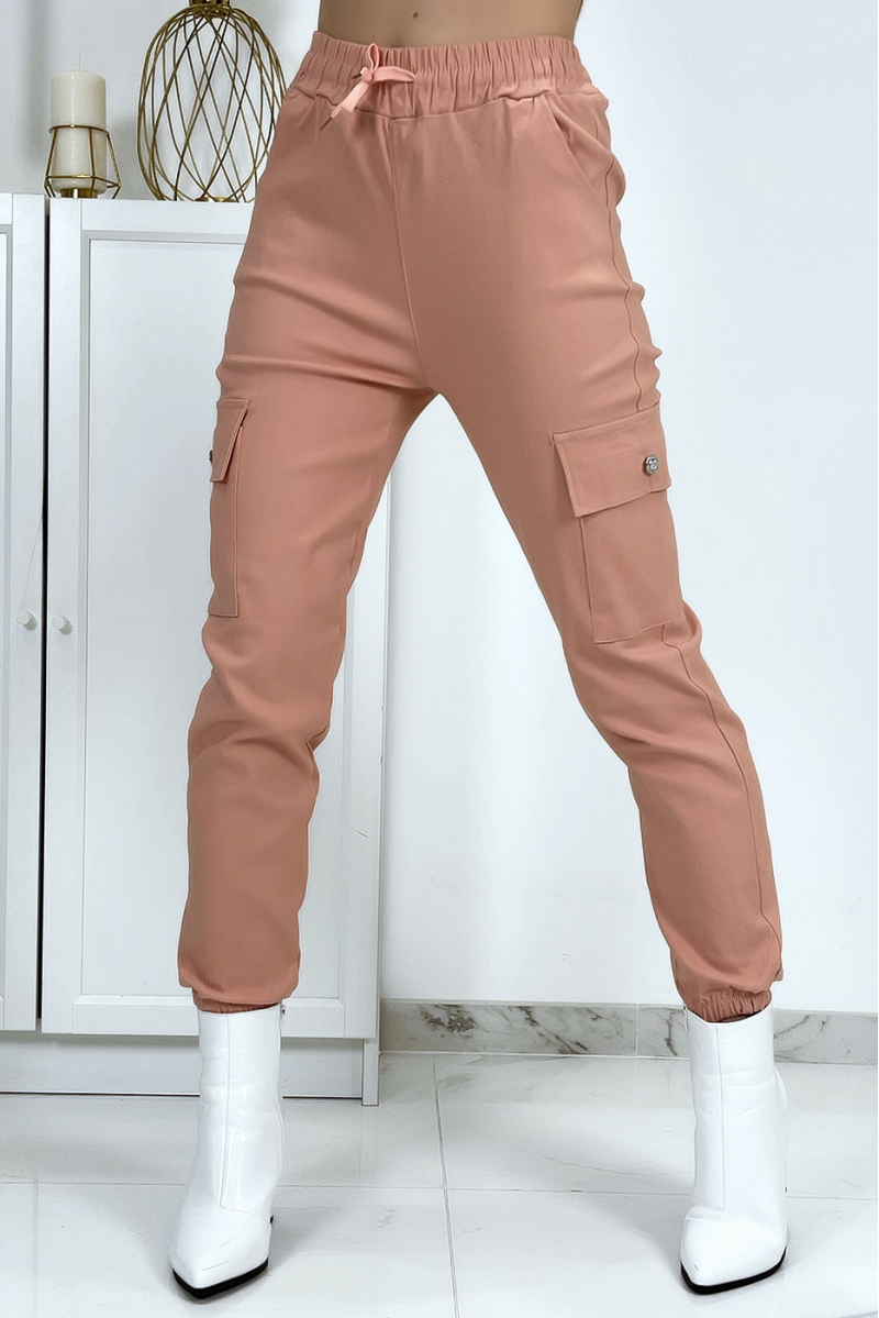 Pantalon treillis rose en strech avec poches - 1