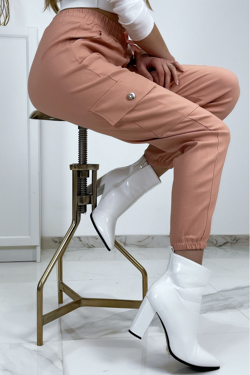 Pantalon treillis rose en strech avec poches - 7