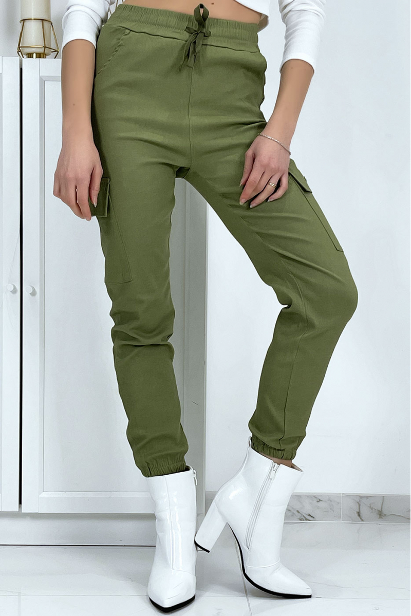 Khaki mesh pants in stretch with pockets - 3