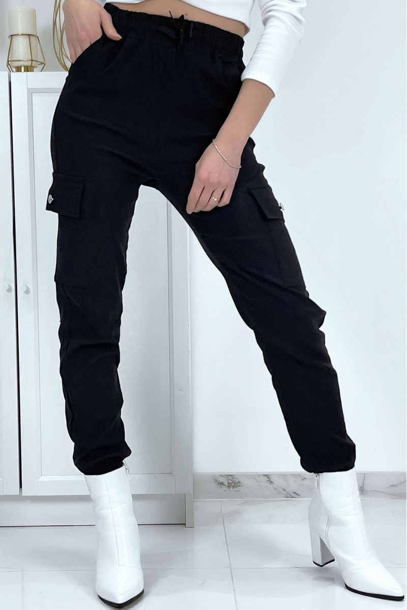 Pantalon treillis noir en strech avec poches - 2
