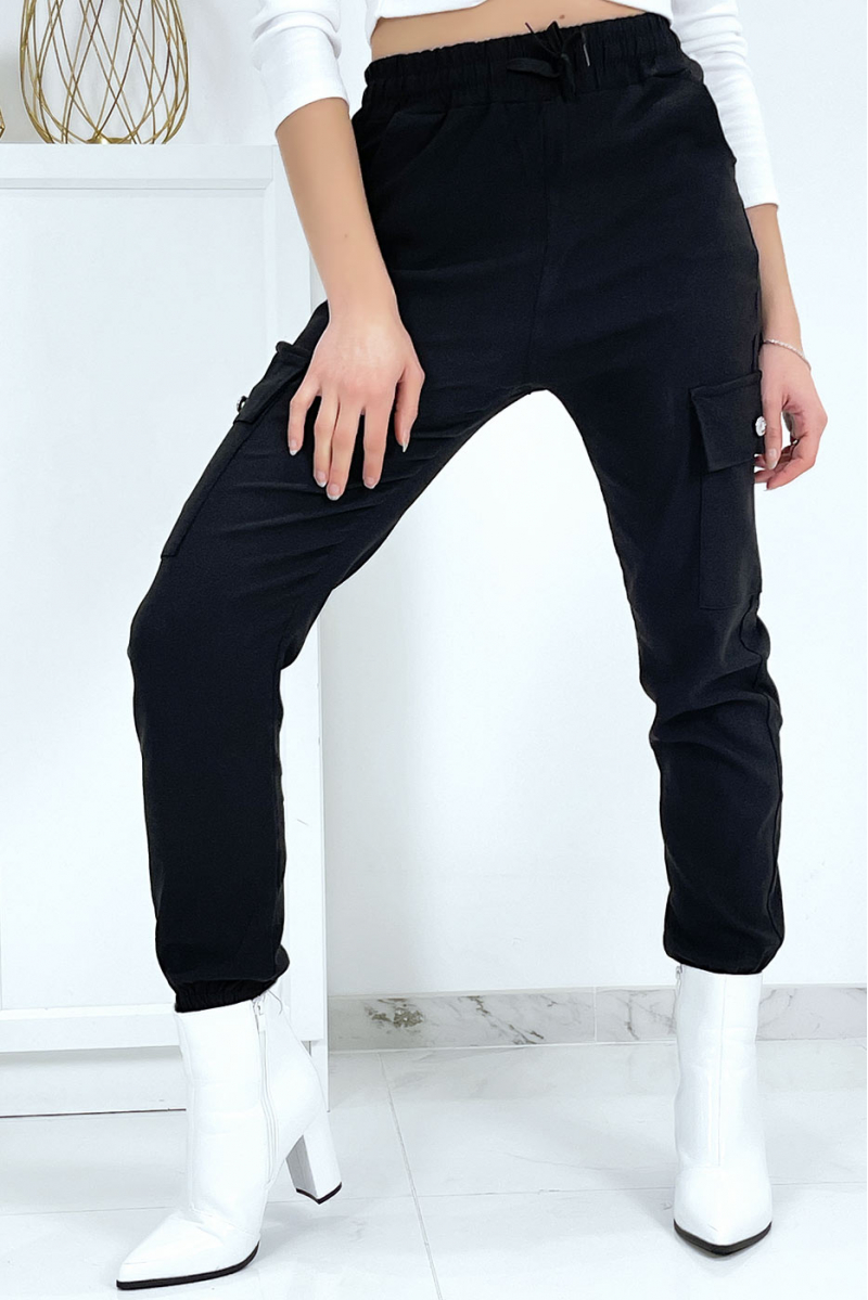Pantalon treillis noir en strech avec poches - 3