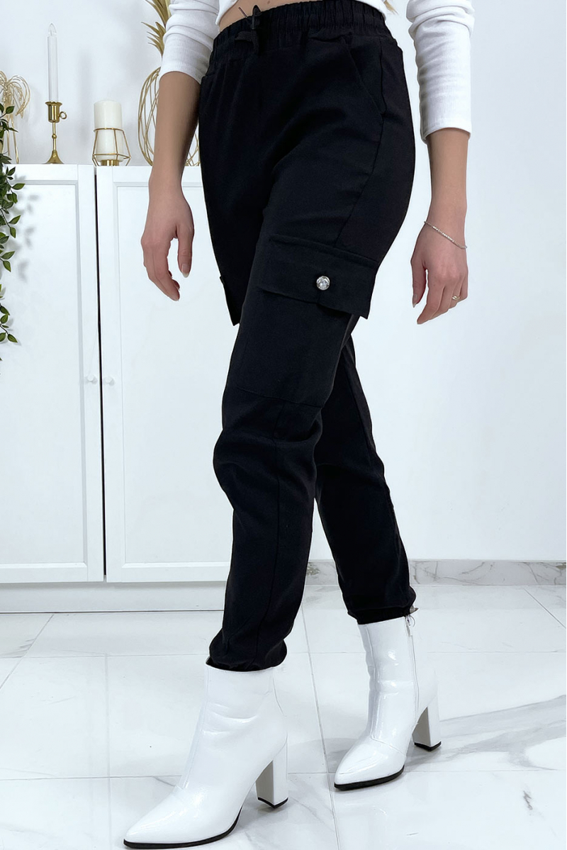 Pantalon treillis noir en strech avec poches - 1