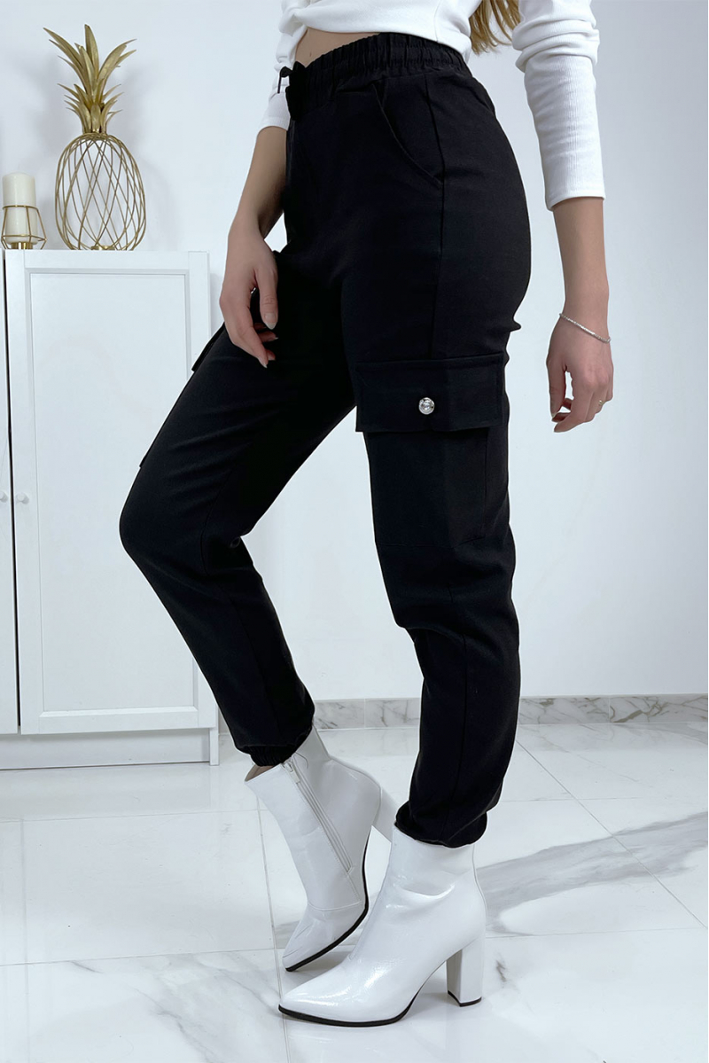 Pantalon treillis noir en strech avec poches - 6