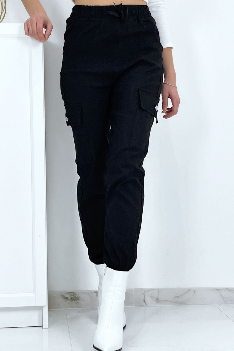 Pantalon treillis noir en strech avec poches - 8