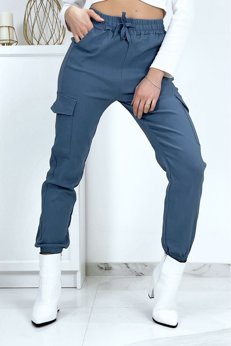 Pantalon treillis bleu en strech avec poches - 3