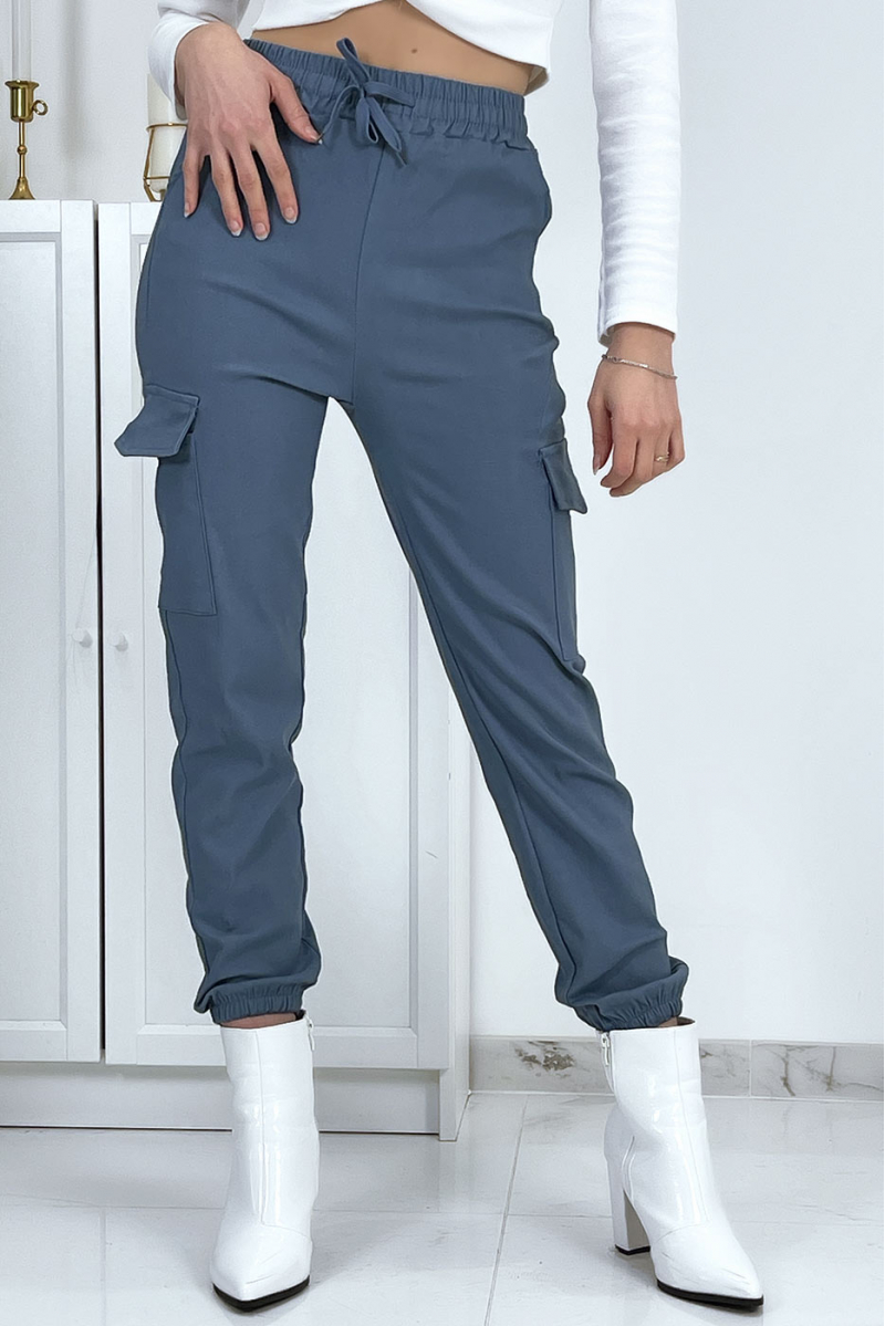 Pantalon treillis bleu en strech avec poches - 5