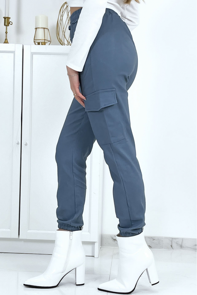 Pantalon treillis bleu en strech avec poches - 7