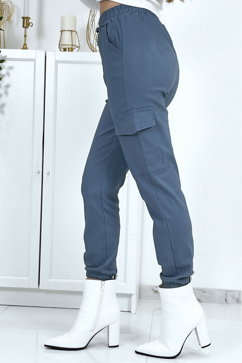 Pantalon treillis bleu en strech avec poches - 8