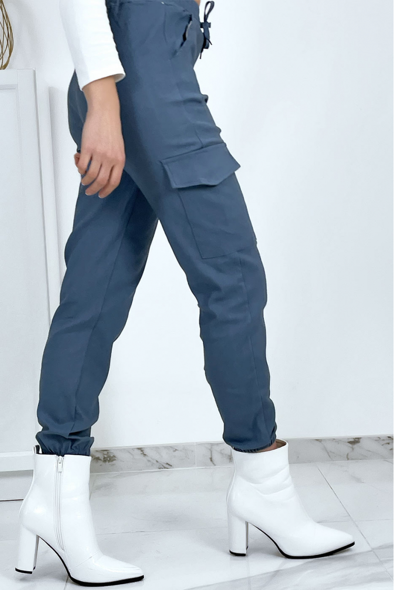 Pantalon treillis bleu en strech avec poches - 1