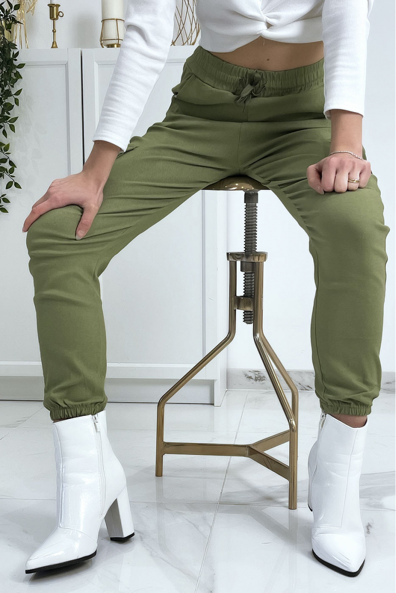 Pantalon treillis vert en strech avec poches - 3