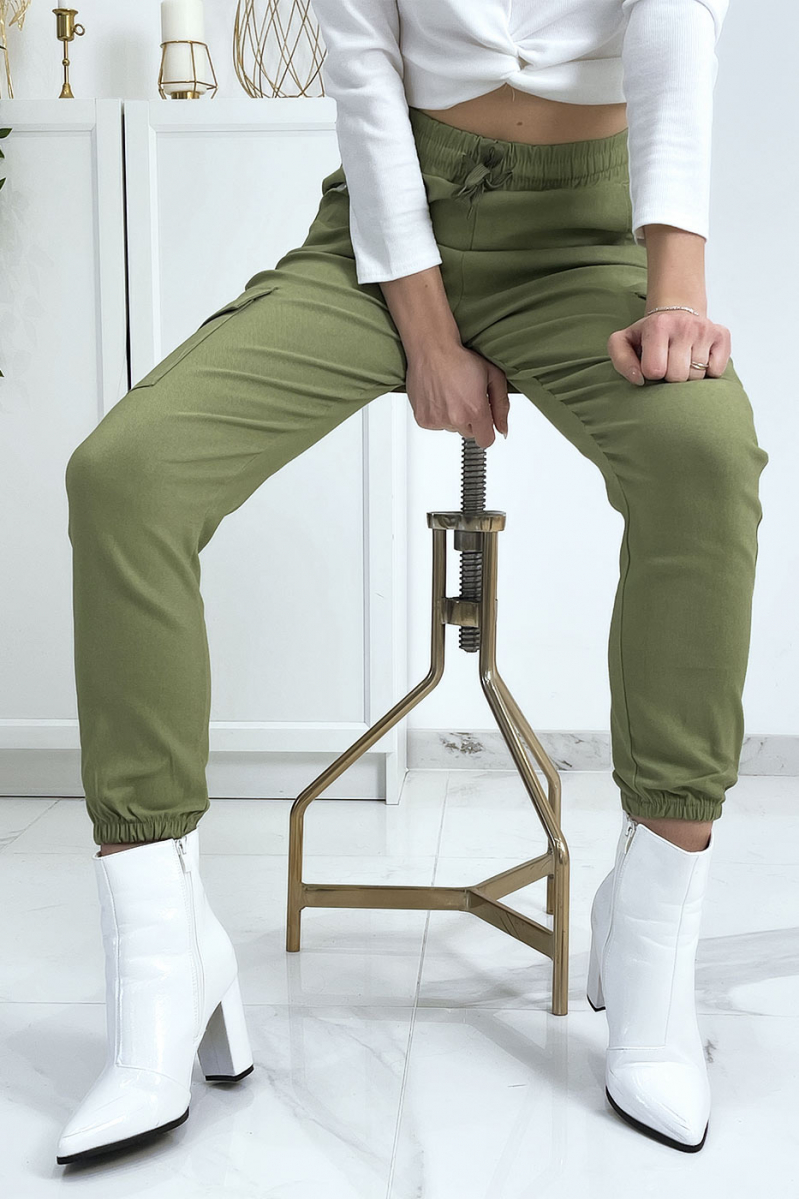 Green trellis trousers in stretch with pockets - 2