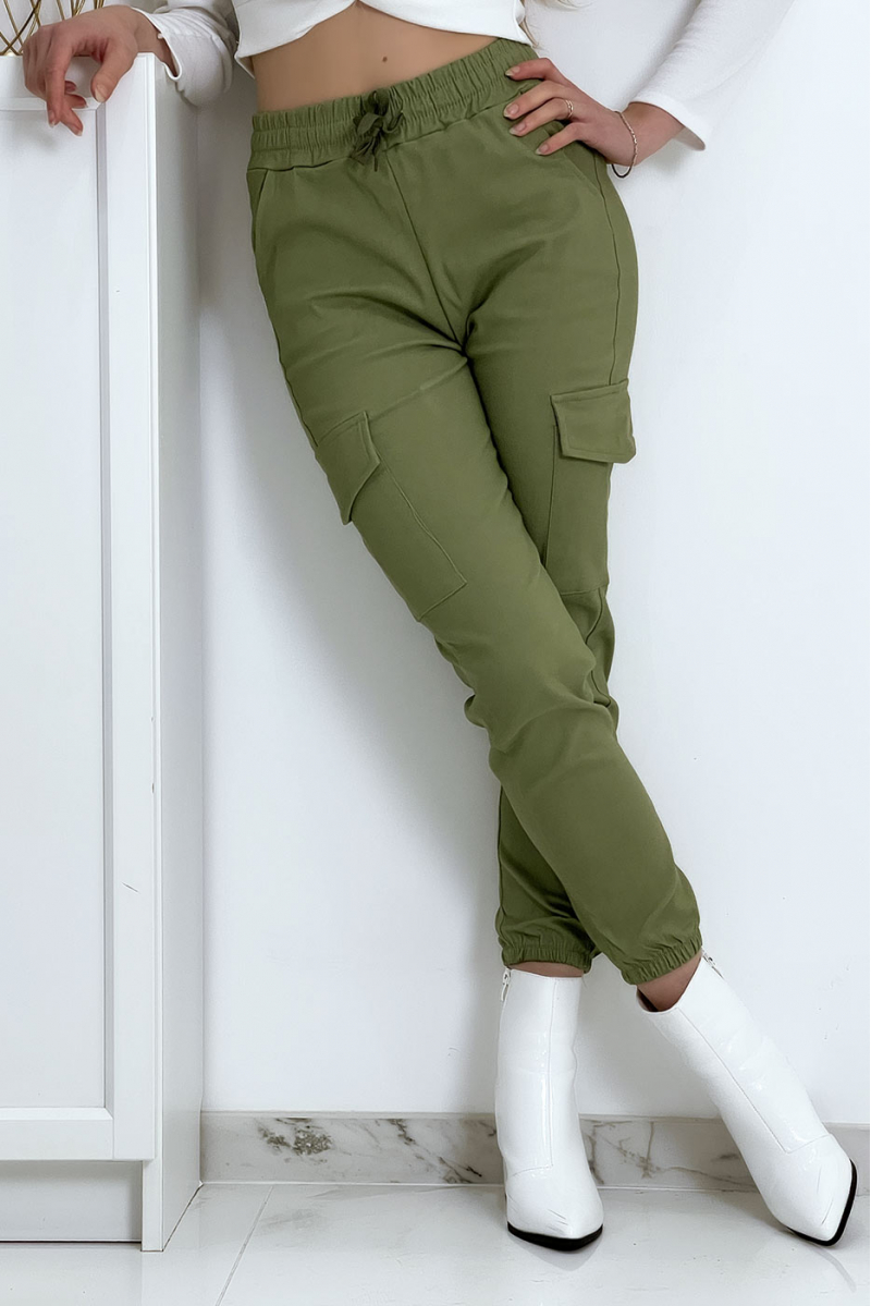 Pantalon treillis vert en strech avec poches - 5
