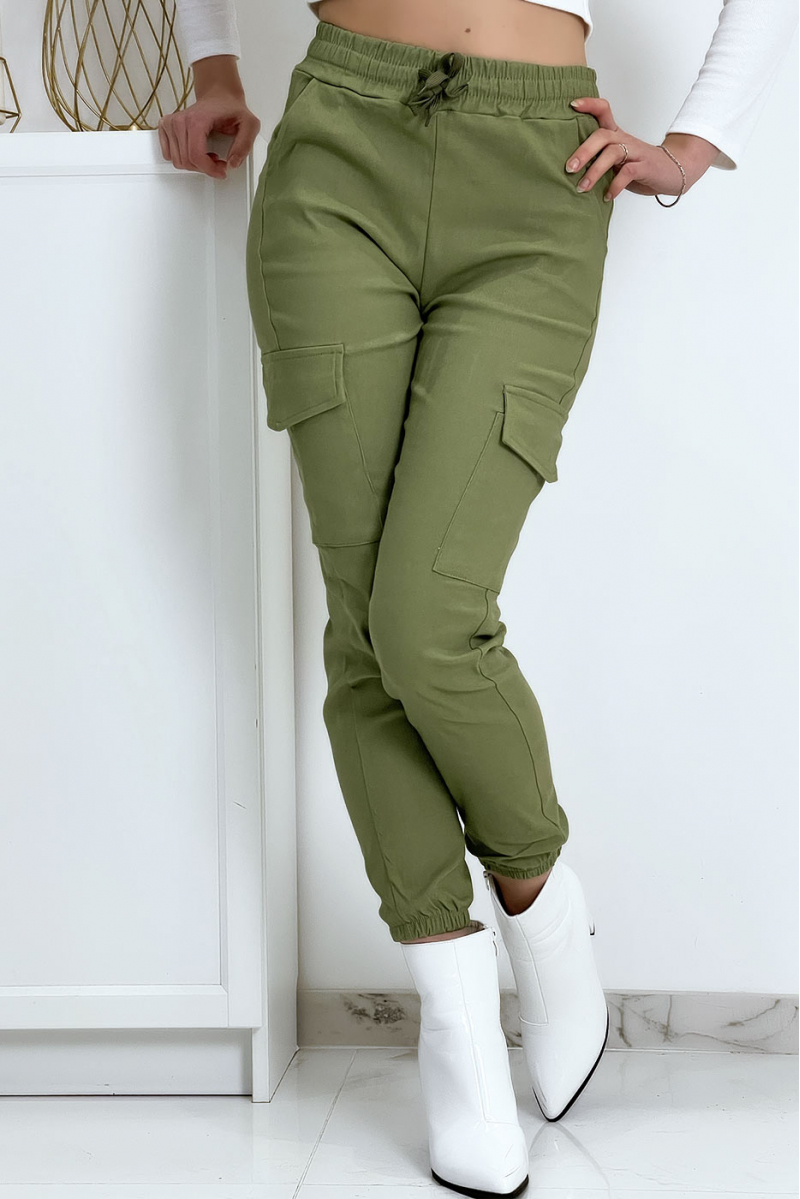 Pantalon treillis vert en strech avec poches - 6
