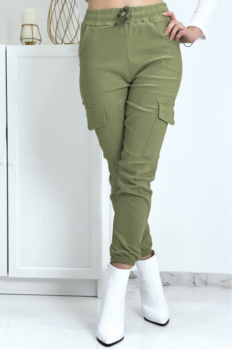 Pantalon treillis vert en strech avec poches - 7