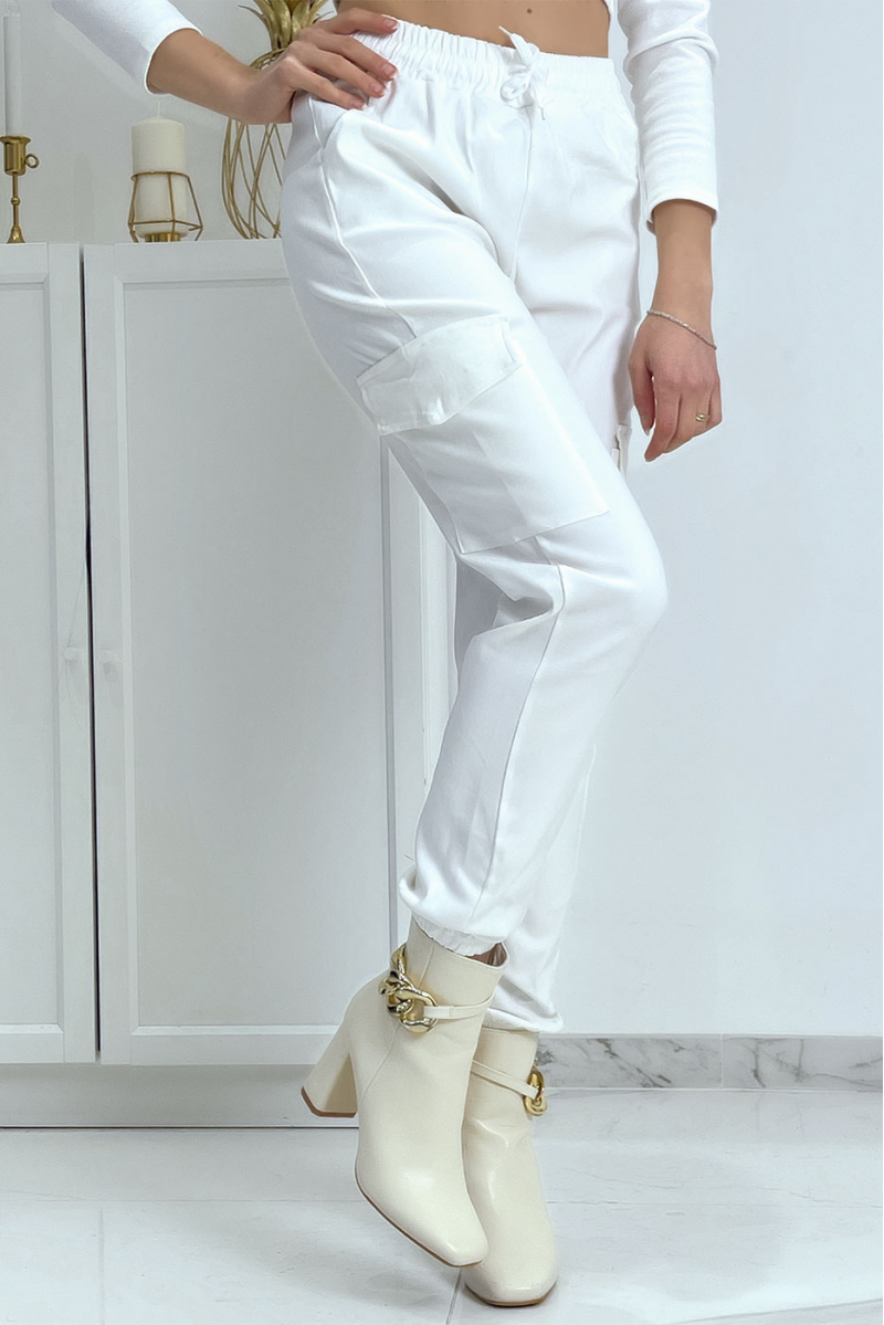 Pantalon treillis blanc en strech avec poches - 3