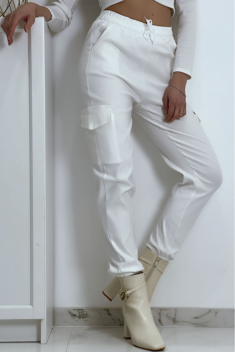 Pantalon treillis blanc en strech avec poches - 7