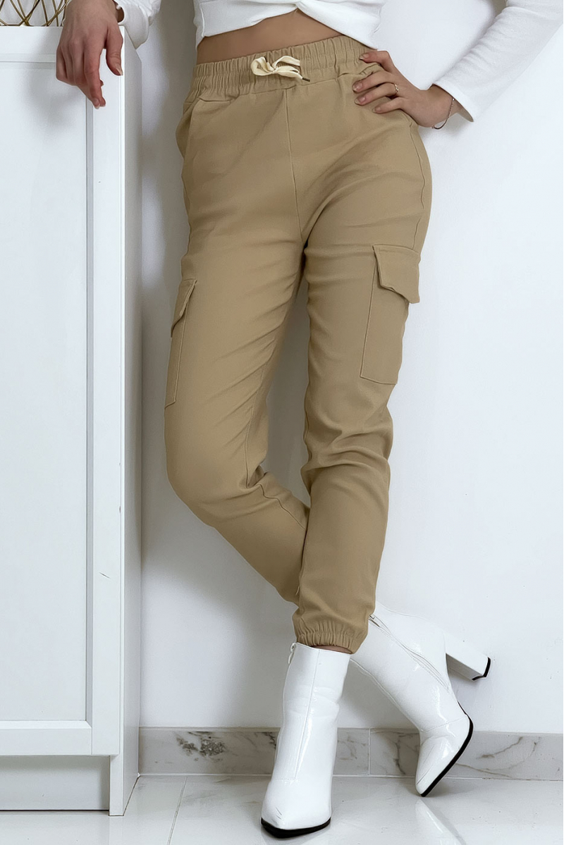 Pantalon treillis beige en strech avec poches - 1