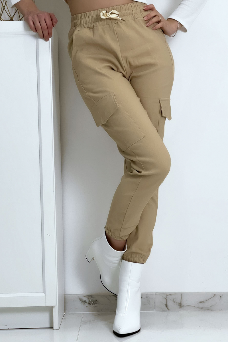 Beige trellis trousers in stretch with pockets - 3
