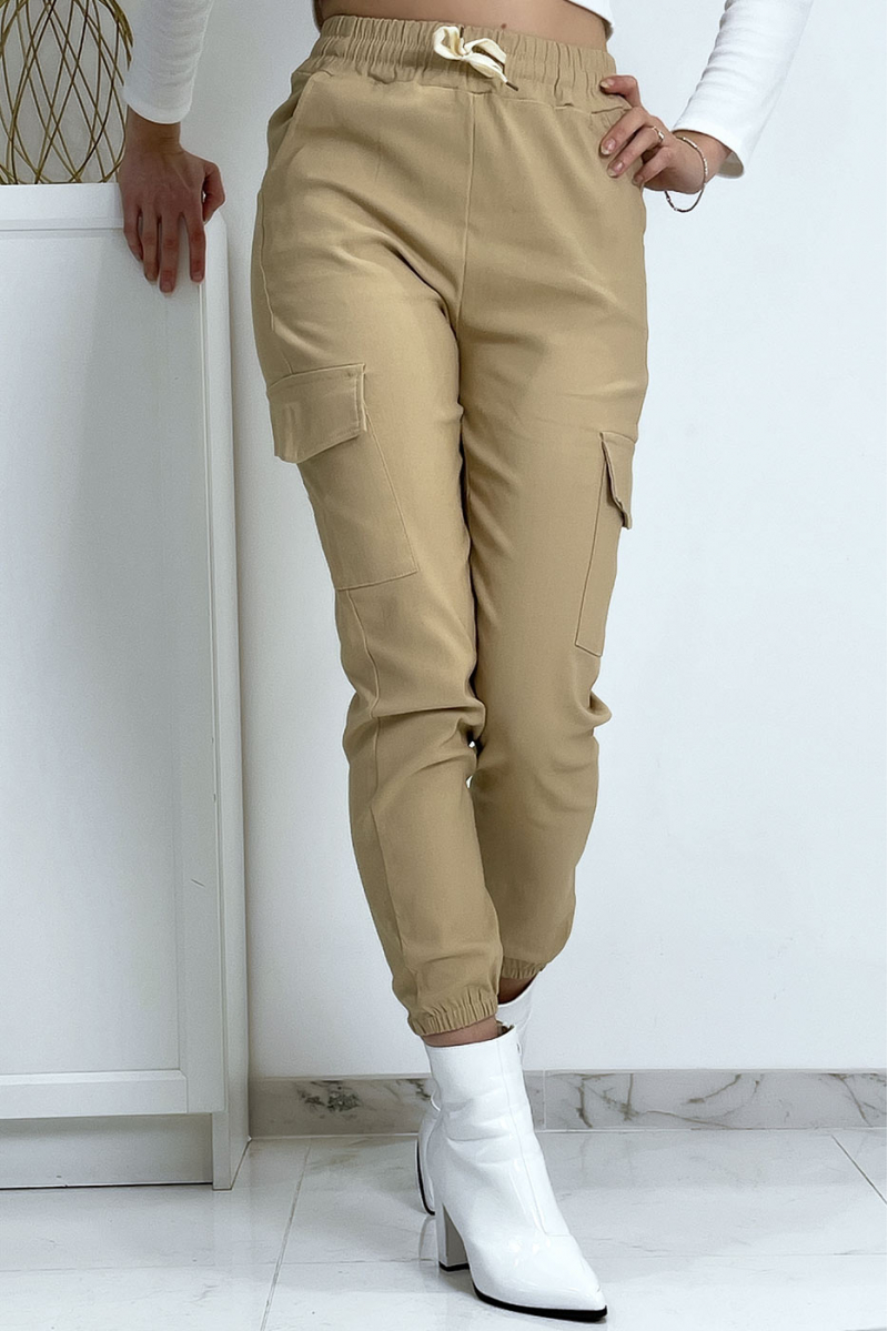 Pantalon treillis beige en strech avec poches - 4
