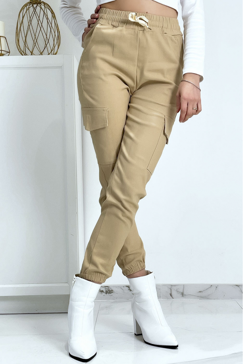 Pantalon treillis beige en strech avec poches - 5