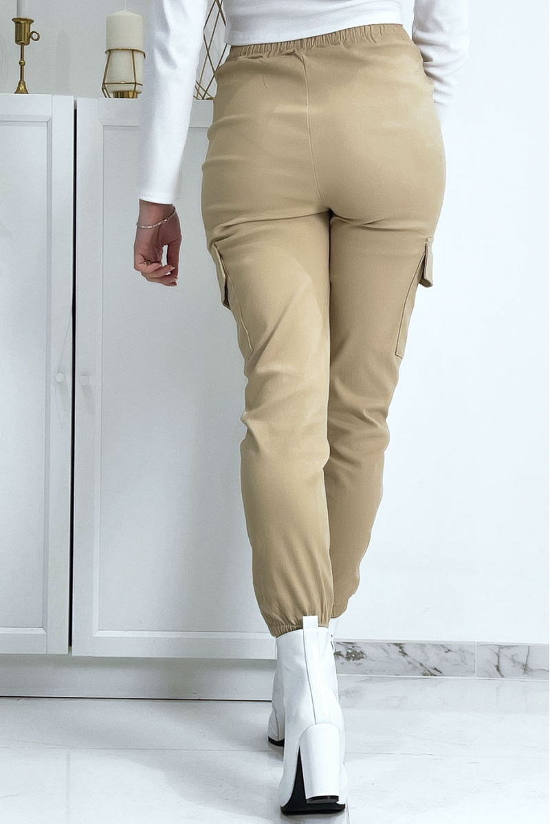 Pantalon treillis beige en strech avec poches - 8