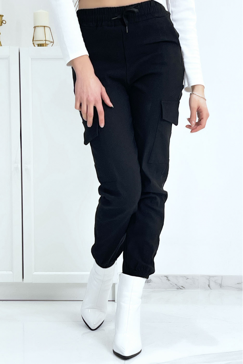 Pantalon treillis noir en strech avec poches - 4