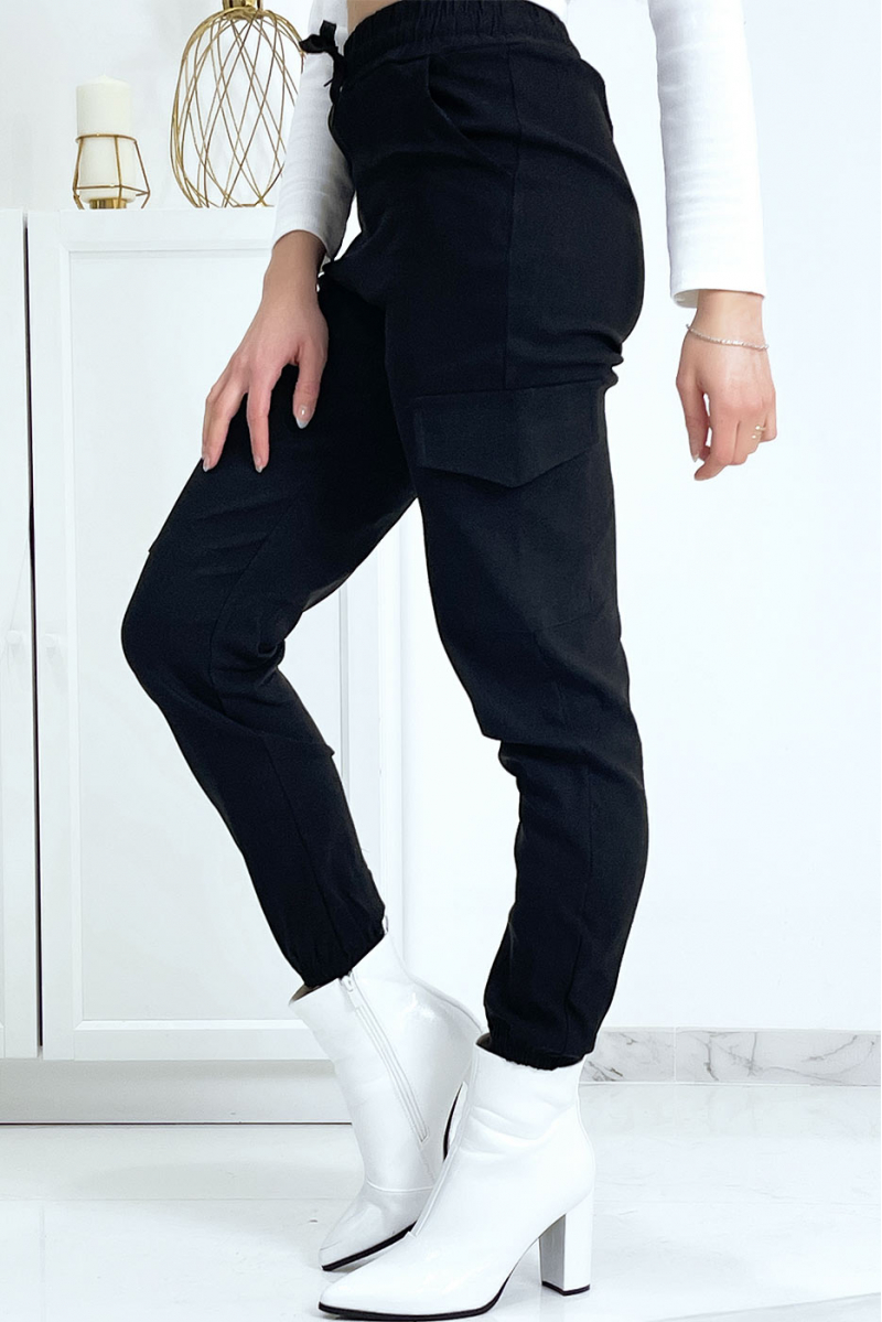 Pantalon treillis noir en strech avec poches - 5