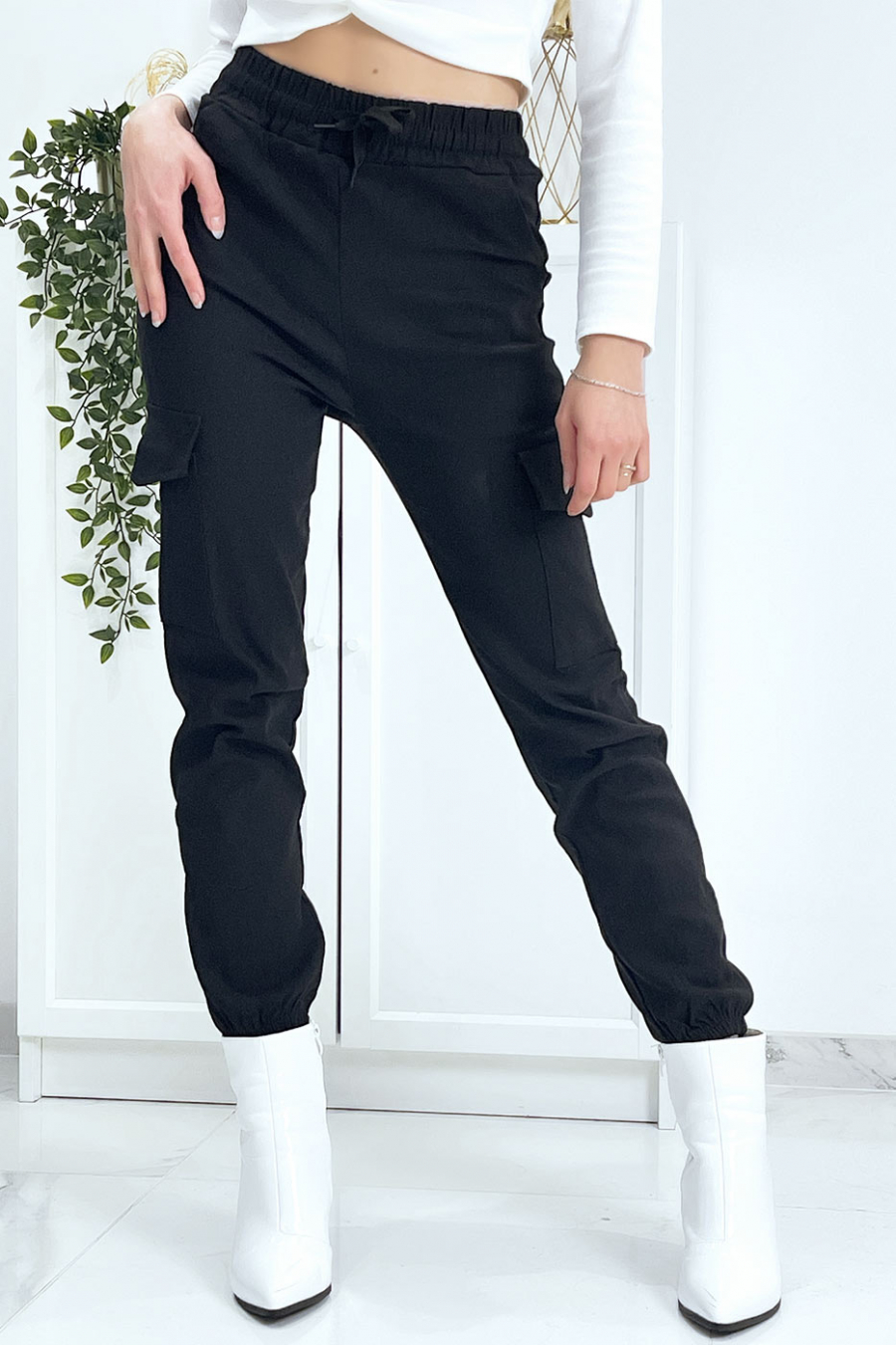 Pantalon treillis noir en strech avec poches - 6