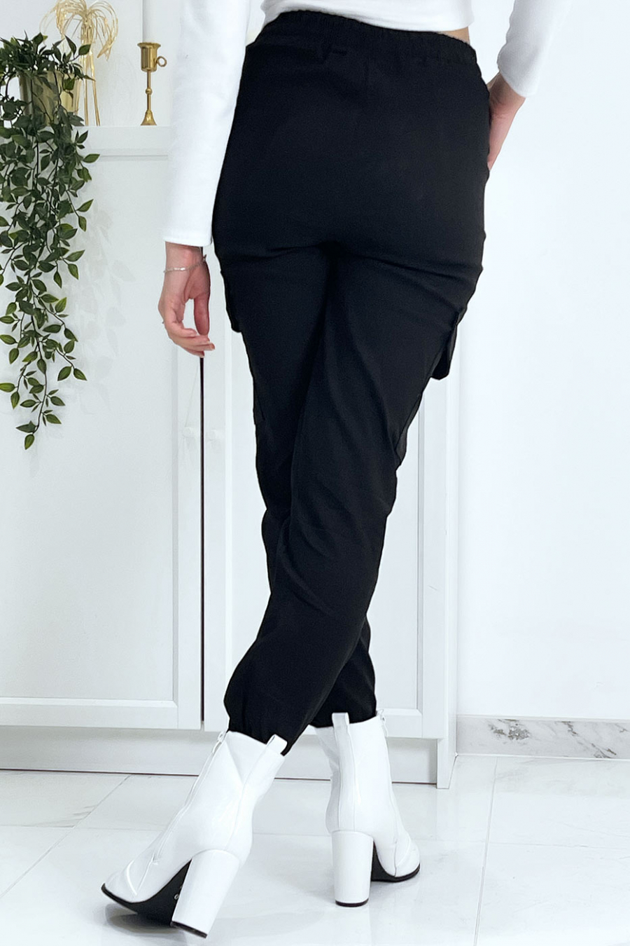 Pantalon treillis noir en strech avec poches - 8
