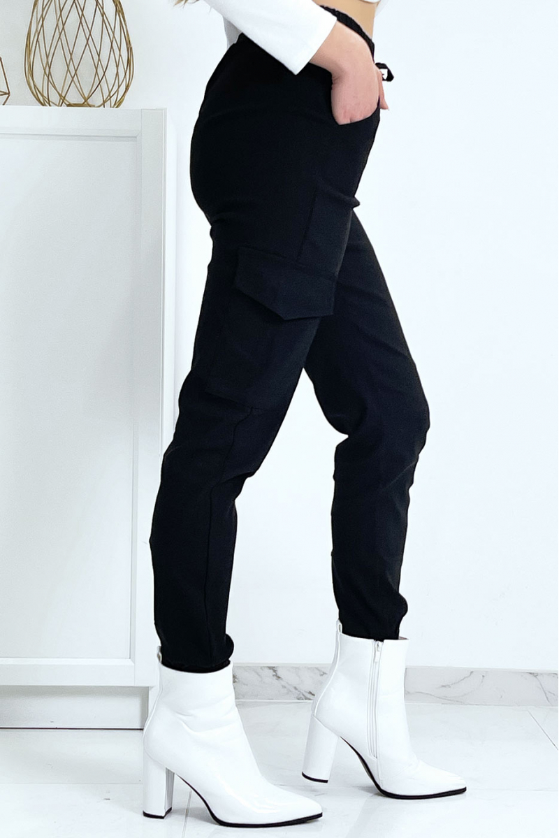 Pantalon treillis noir en strech avec poches - 9