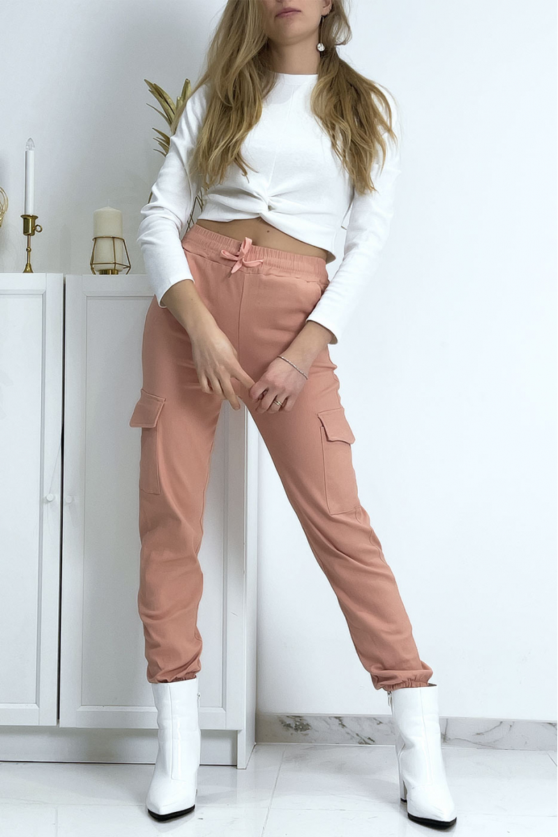 Pink trellis trousers in stretch with pockets - 1