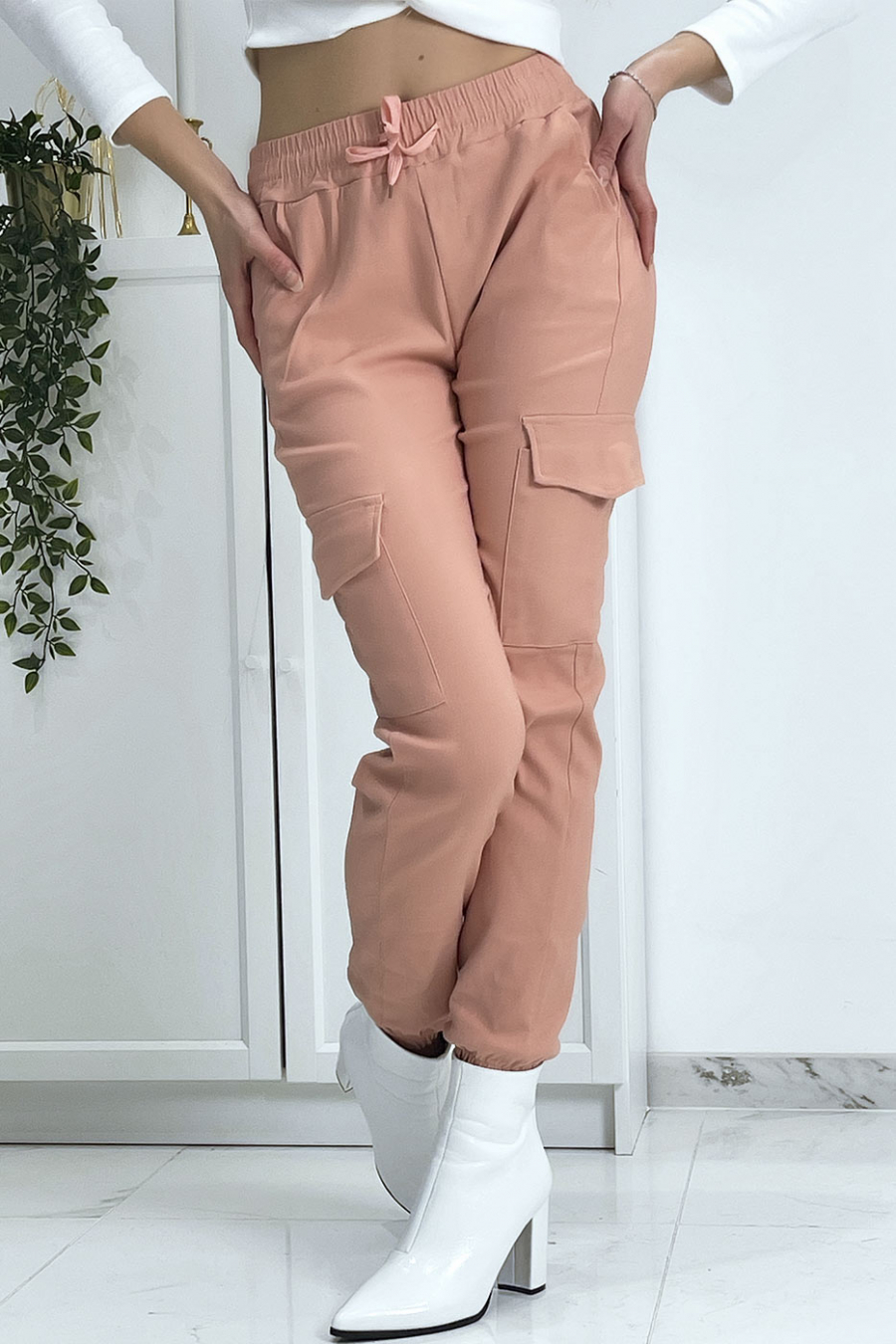 Pink trellis trousers in stretch with pockets - 5