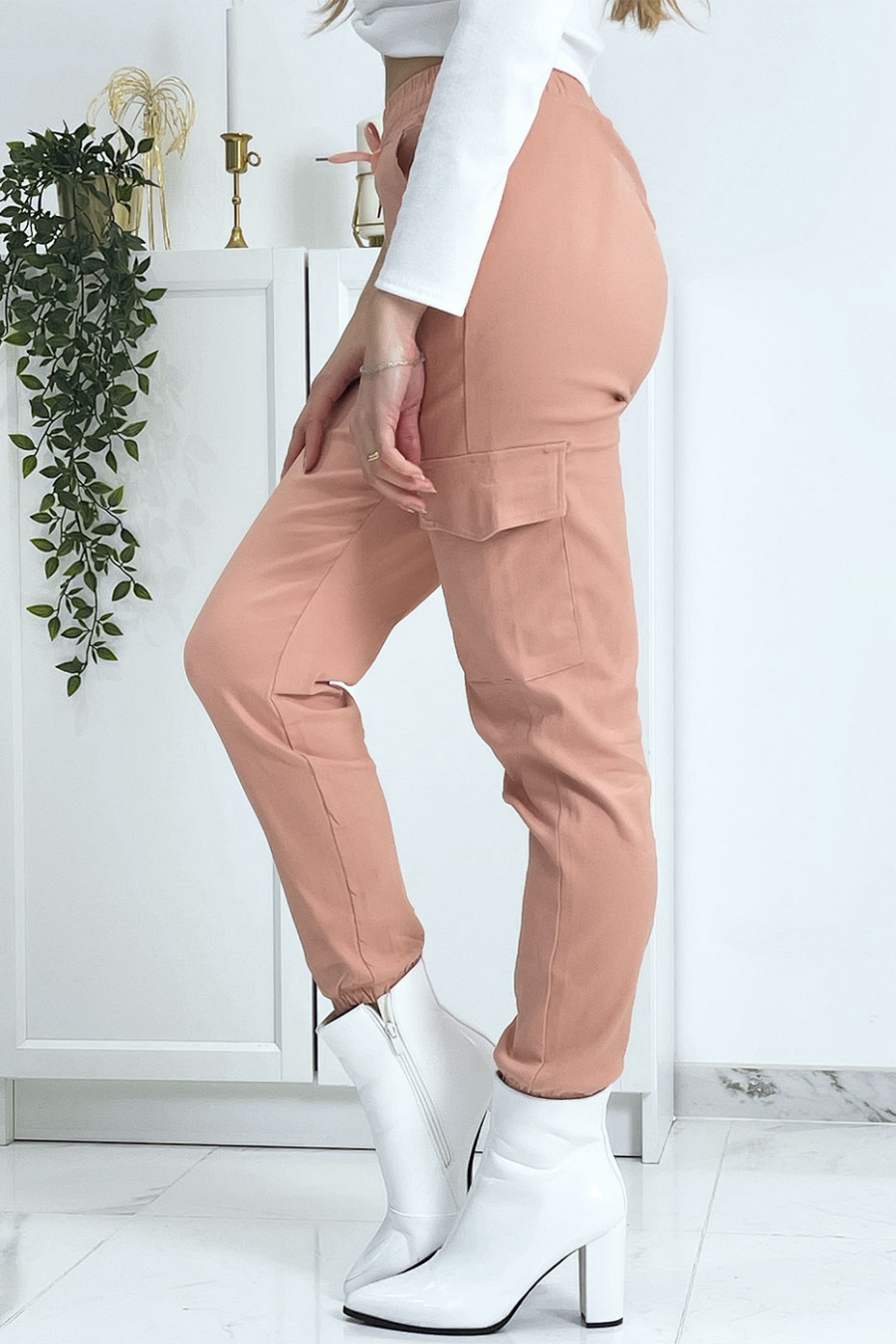 Roze trellisbroek van stretch met zakken - 7