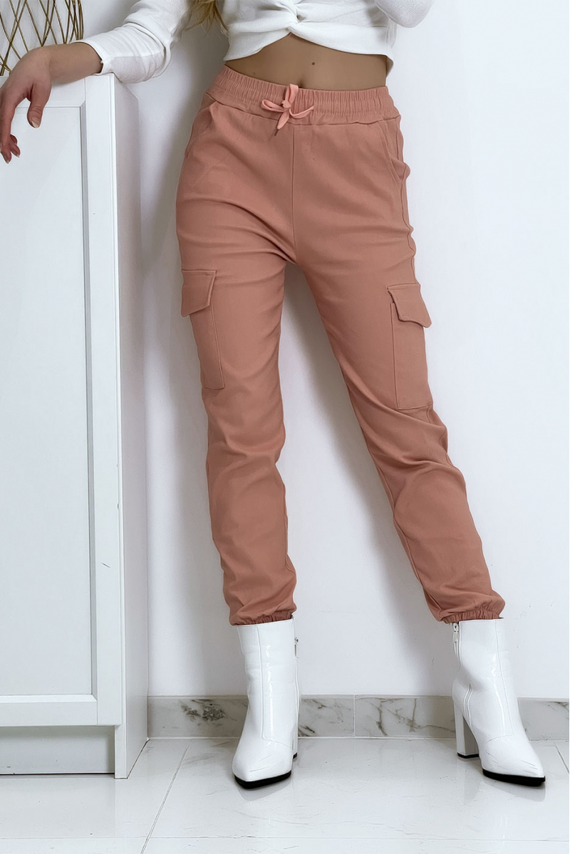 Pantalon treillis rose en strech avec poches - 8