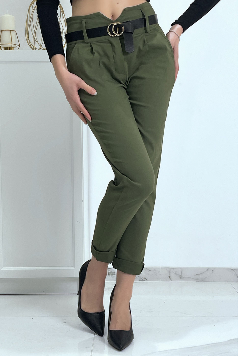 Khaki carrot pants with pockets and belt - 1