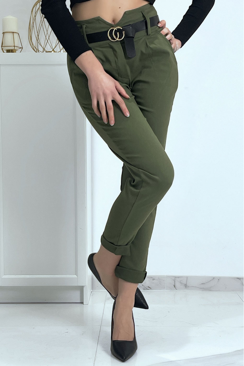 Khaki carrot pants with pockets and belt - 2