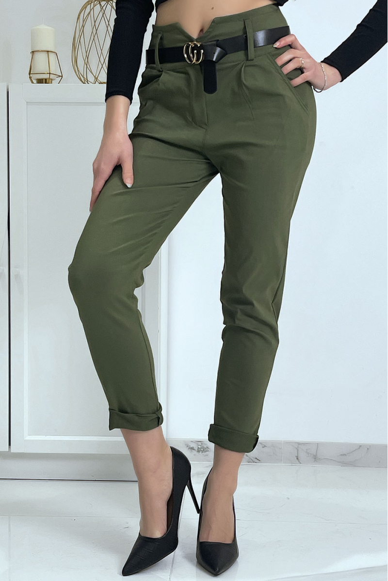 Khaki carrot pants with pockets and belt - 3